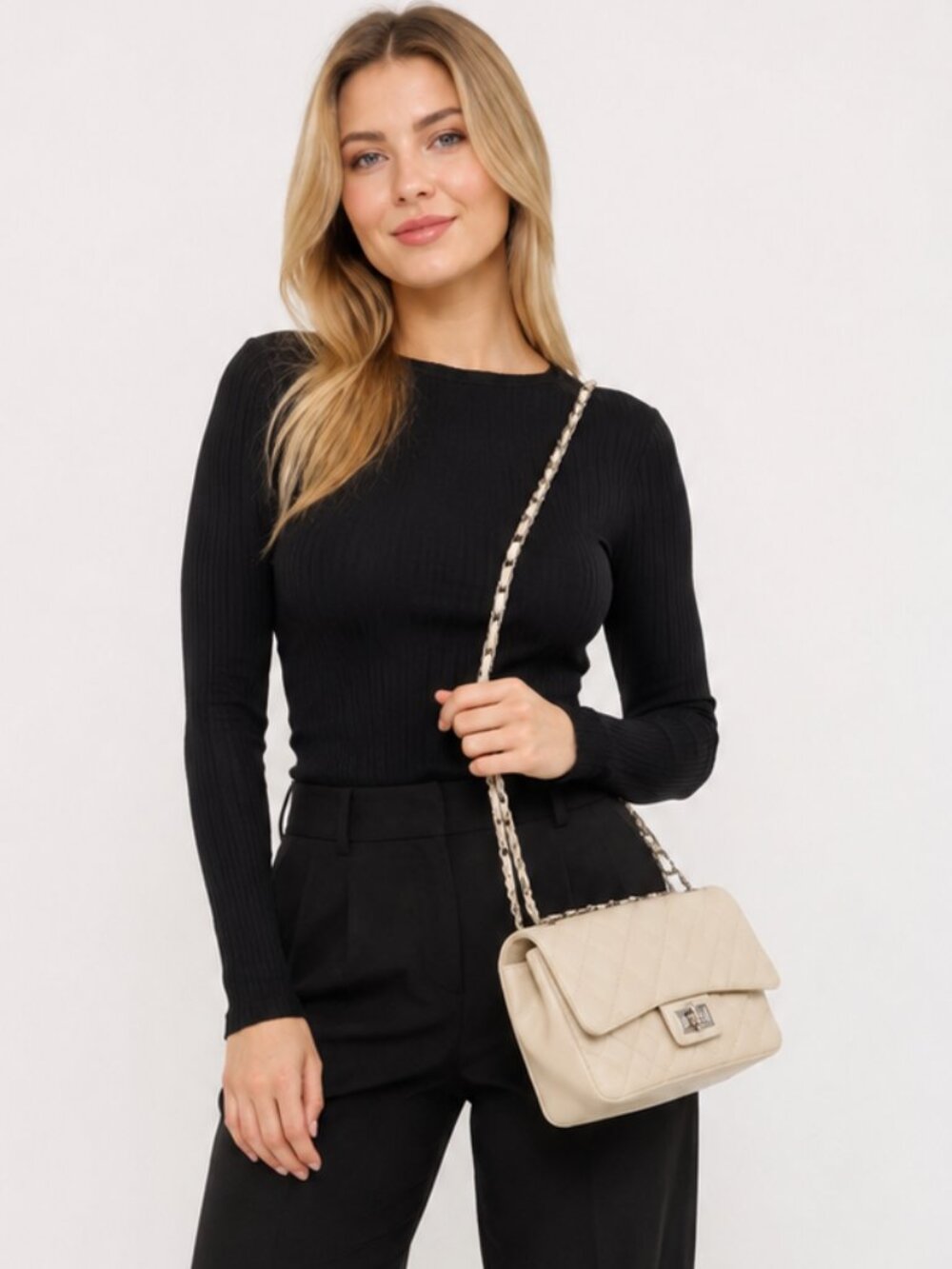Ivory Quilted Chain Shoulder Bag Small Flap Crossbody Purse